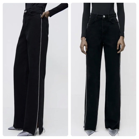 NWOT Zara Z1975 Side Jewel Straight Black Denim Jeans Full Length Size 8 - Picture 1 of 4